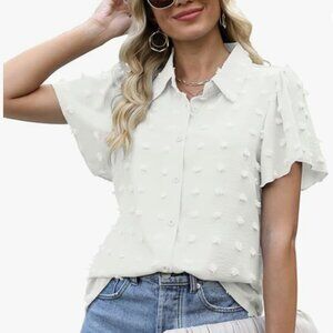 NIASHOT Womens Short Sleeve Button Blouse Swiss Dot - Large